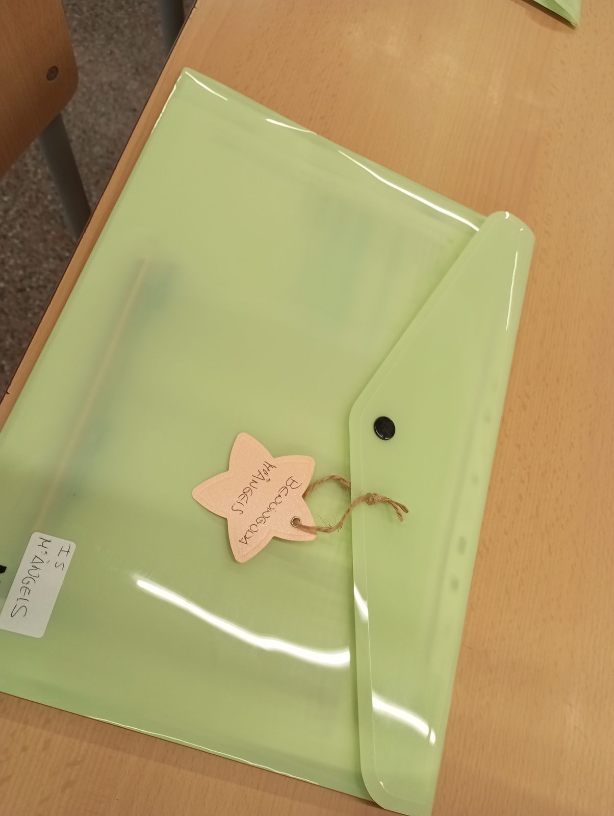 Carpeta de plàstic verd amb una etiqueta de fusta en forma d’estrella penjada amb un cordill.