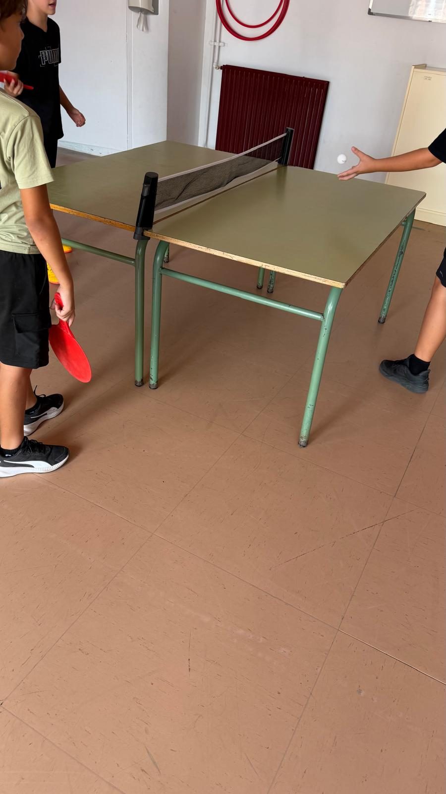 Dues taules d’aula ajuntades amb una xarxa al mig fan de taula de ping-pong.